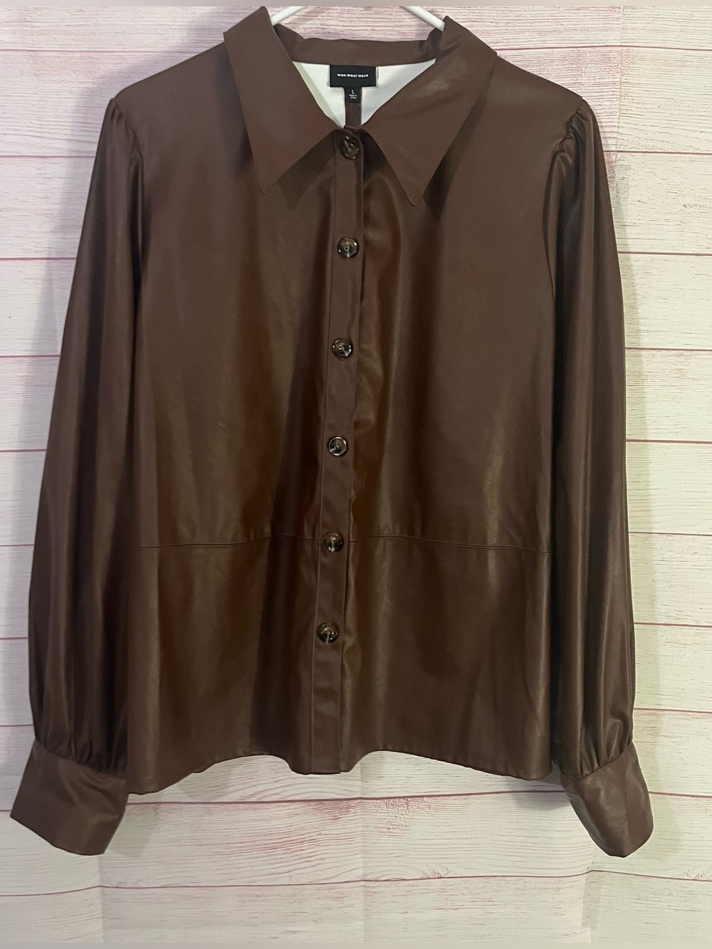 Who What Wear Brown Faux Leather Button Front Long Sleeve Collard‎ Shirt Large